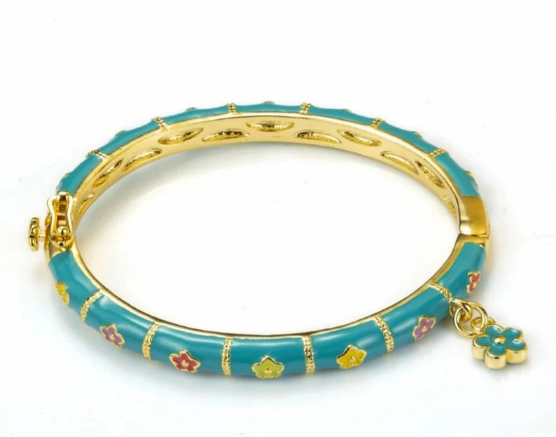 24k Gold Plated Baby Boy Blue Charm Enamel Bangle