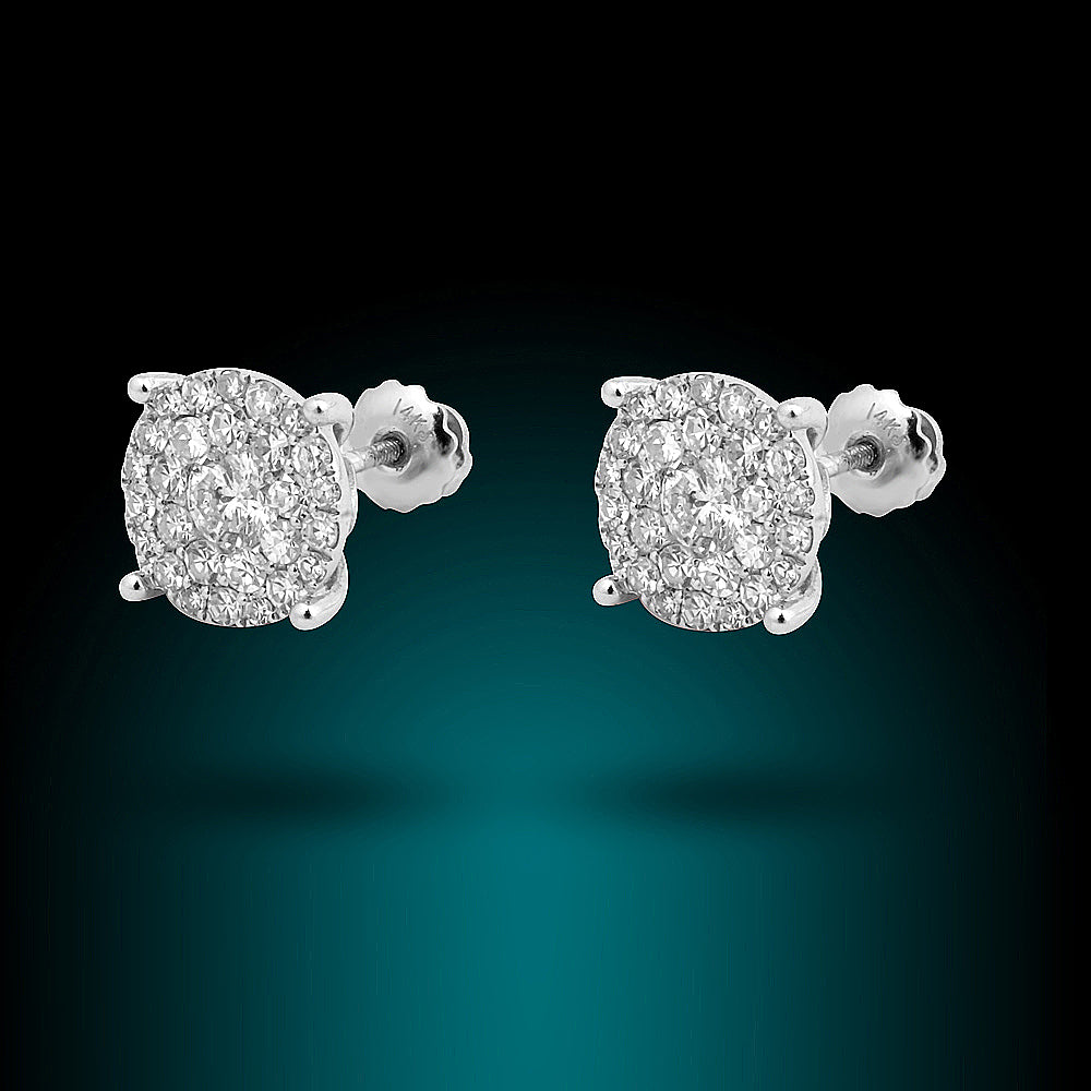 14K White Gold Diamond Studs Clusters Set With 1.00Ct Diamonds