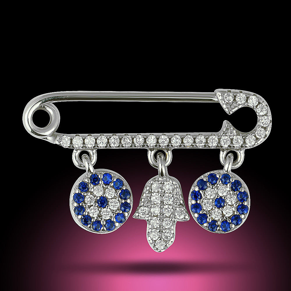 Baby Carriage Safety Pin, 925 Sterling Silver, Evil Eye and Hamsa for Protection and Good Luck