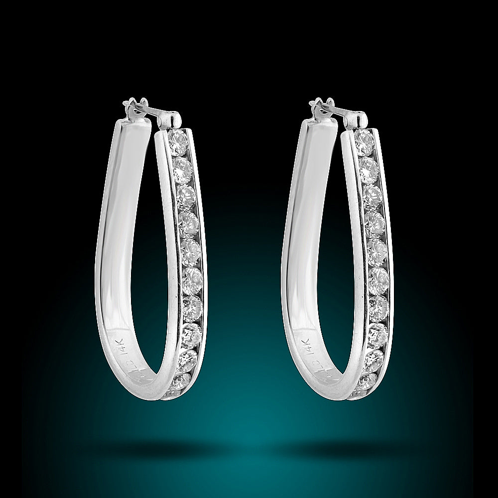 14K White Gold Oval Diamond Hoops Set With 1.50Ct Diamonds