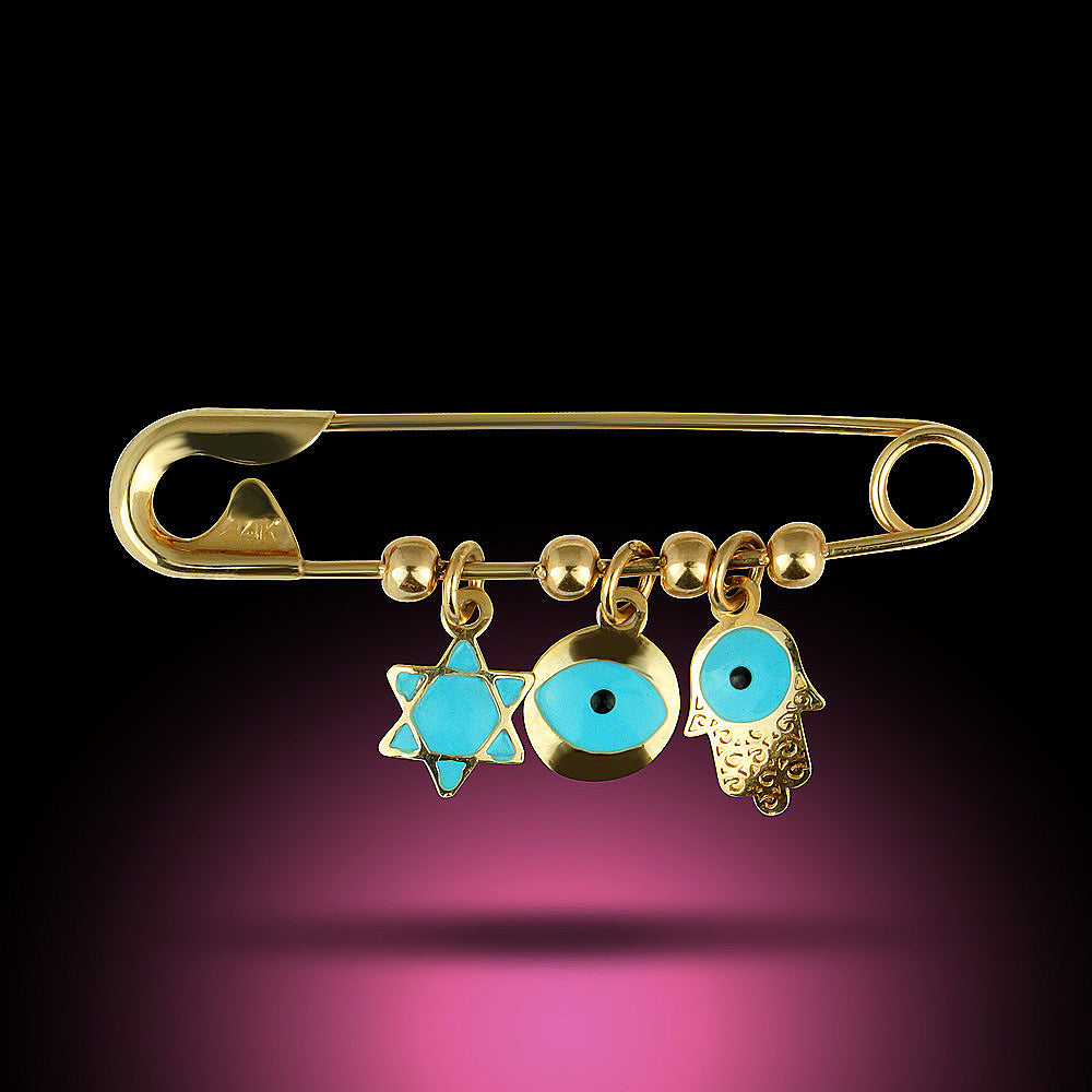 18K Yellow Gold Green Enamel Star of David Hamza and Evil Eye Charms Safety Pin 1.22 inches