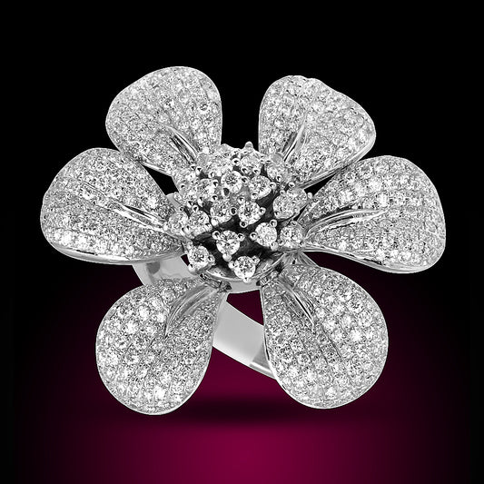 14K White Diamond Ring Flower Shape Set With 3.06Ct Diamonds