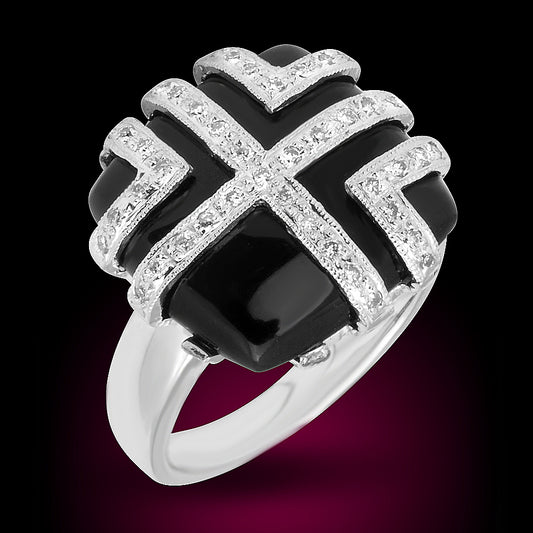 18K White Gold Ring Set With 0.30Ct Diamonds + Onyx