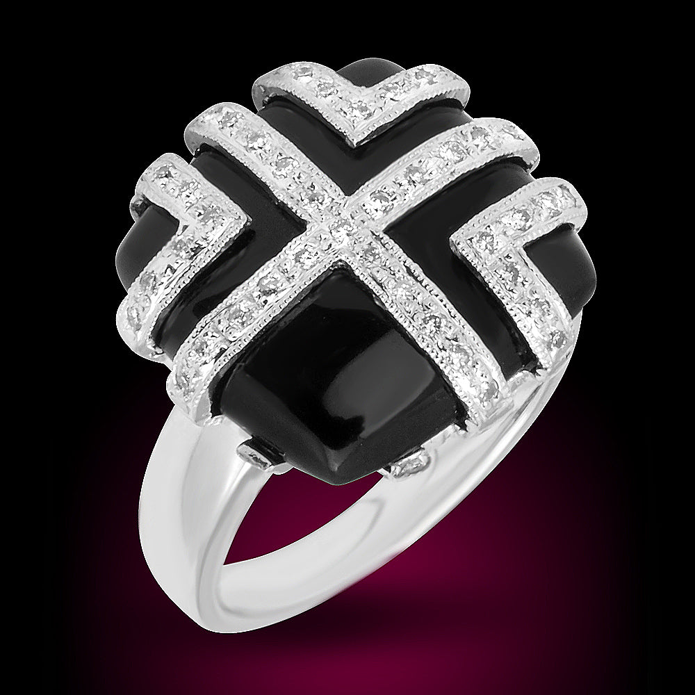 18K White Gold Ring With Onyx And Diamonds 0.30Ct