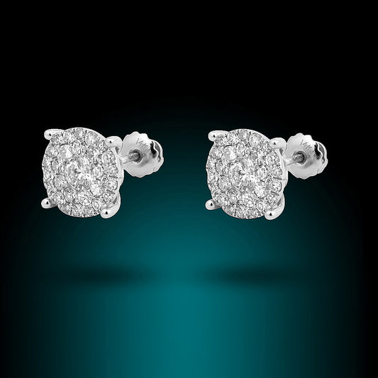 14K White Gold Diamond Studs Clusters Set With 1.00Ct Diamonds