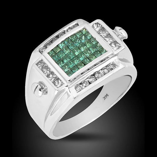 14K White Gold Diamond Men Ring Set With 1.00Ct White Diamond And Blue Diamonds