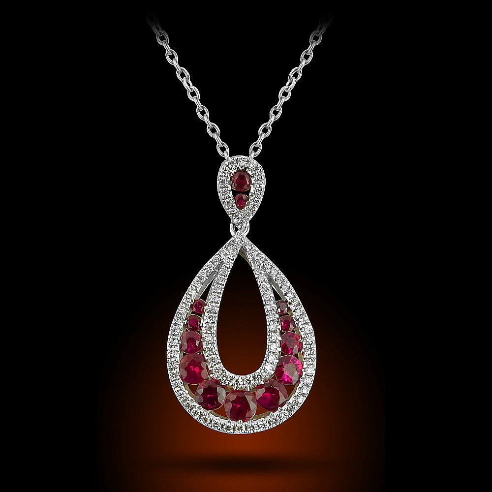 14K White Gold Pendant Set With 0.33Ct Diamonds And 1.06Ct Of Ruby Stones