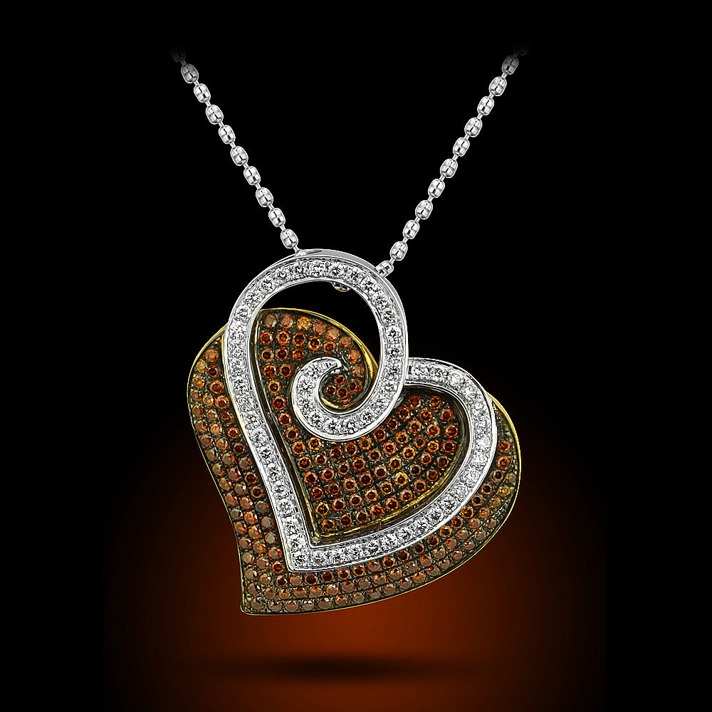 18K Two Tone White Diamond And Chocolate Diamond Heart Pendant 1.70Ct Diamonds