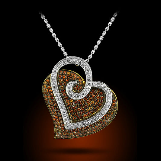 18K Two Tone White Diamond And Chocolate Diamond Heart Pendant 1.70Ct Diamonds