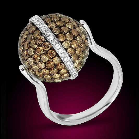 14K White Gold Ball Ring Set With Chocolate Diamonds And White Diamond 4.73Ct