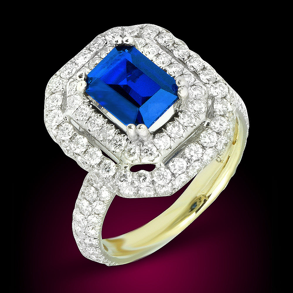 18K Diamond Ring Set With 2.0Ct Diamond + Sapphire Center 2.0Ct