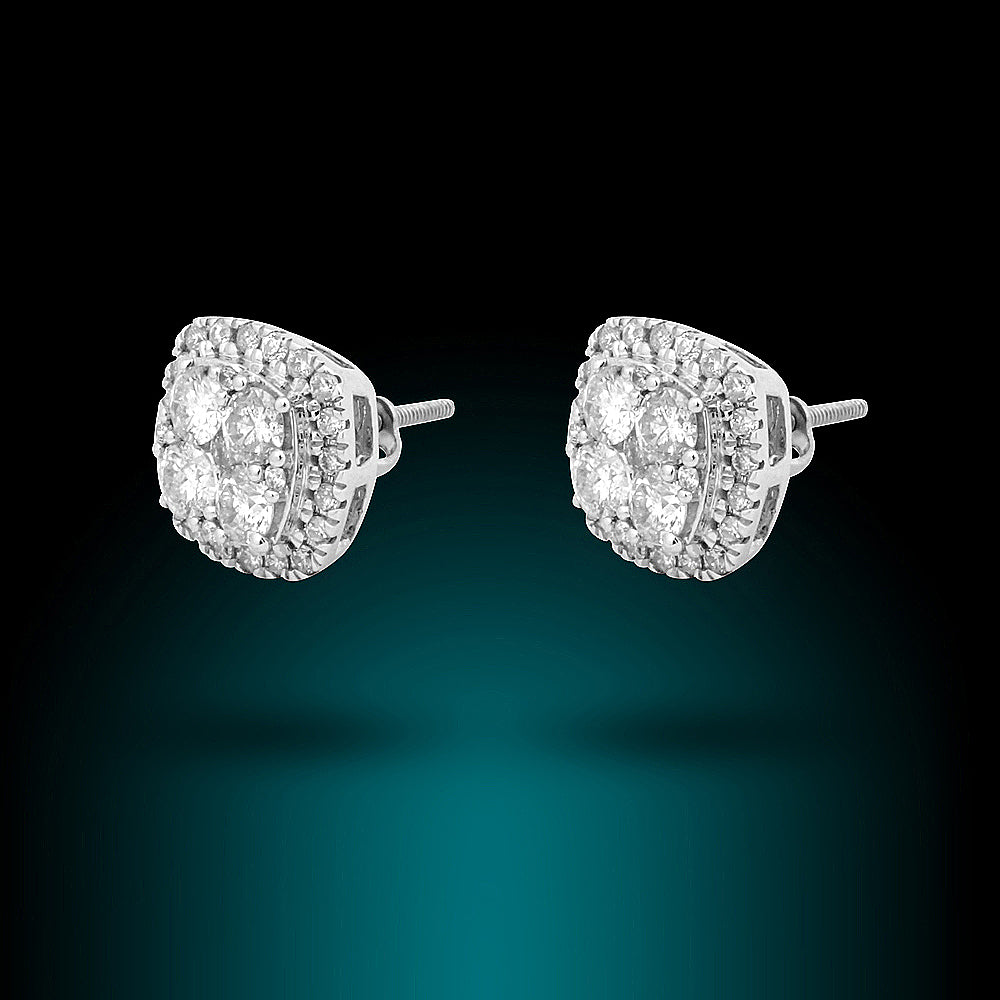 14K White Gold Diamond Studs Clusters Set With 1.50Ct