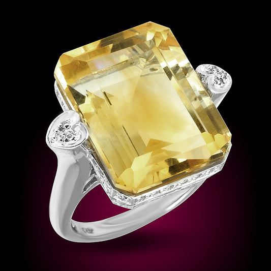 14K White Gold Diamond Ring 0.21Ct + Citrine Center Stone 1.77Ct