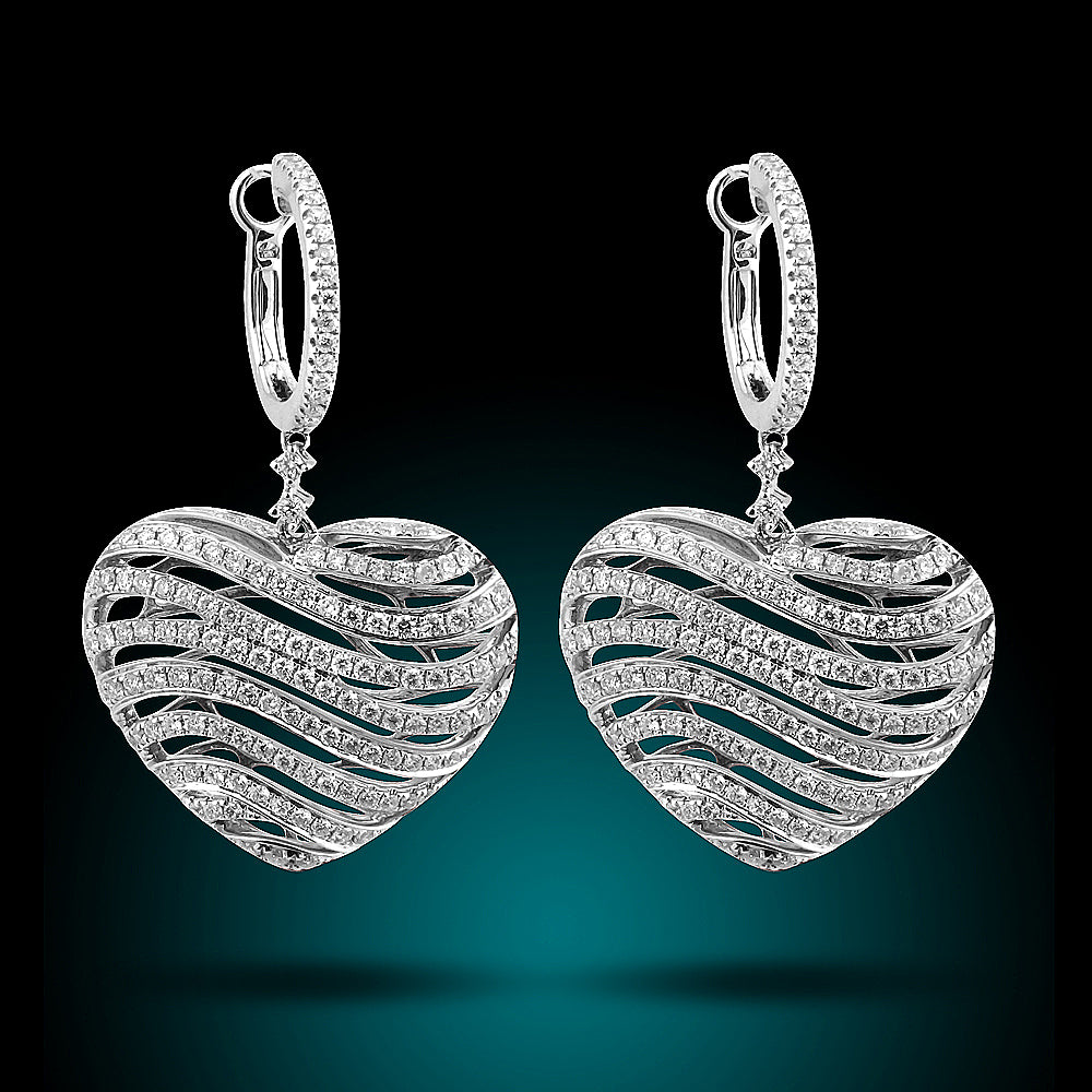 14K White Gold Diamond Heart Earrings Set With 2.27Ct Diamonds