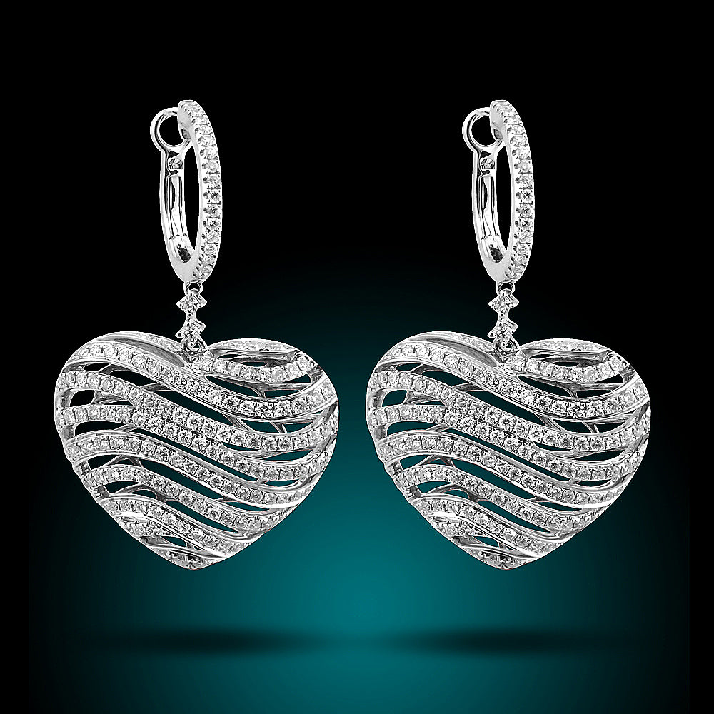 14K White Gold Diamond Heart Earrings Set With 2.27Ct Diamonds