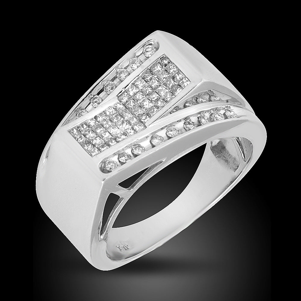 14K White Gold Men Diamond Ring, Set With 0.90Ct Diamonds