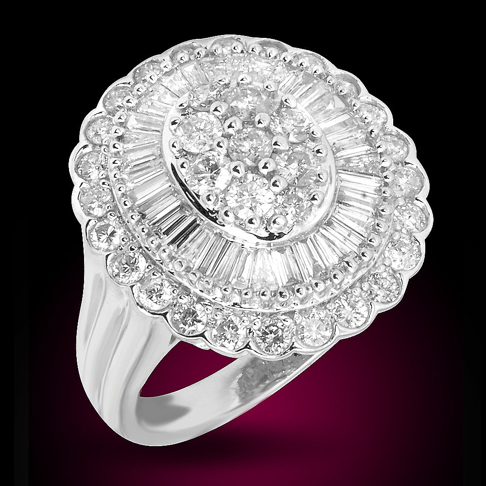 14K White Diamond Ring Baguette And Round Diamonds 2.15Ct