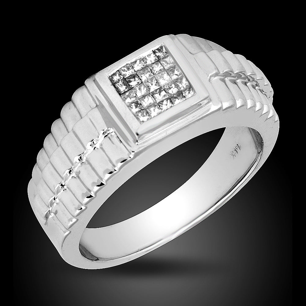 14K White Gold Men Diamond Ring Set With 0.35 Ct Of Princess Cut Diamonds