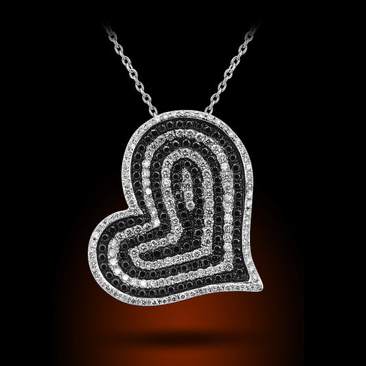 18K White Gold, White Diamond And Black Diamond Heart Pendant Set